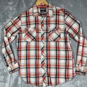 Skully Brand Mens Plaid Long Sleeve Button Down Shirt Red Blue White Size L